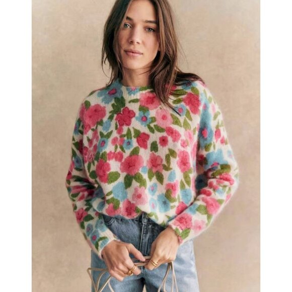 Sezane Sweaters - EUC Sezane Janelia Mohair Wool Floral Sweater Pink Turquoise Small